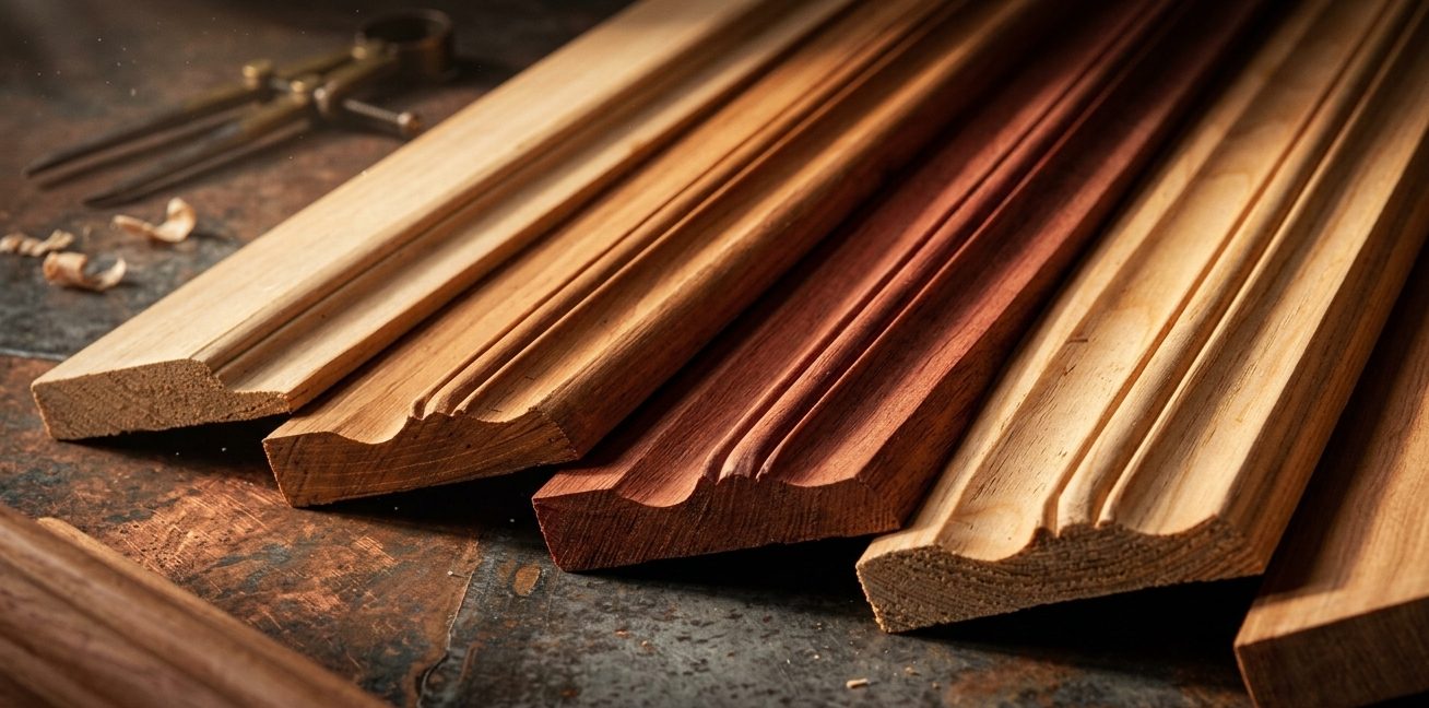 Sample timber moulding profiles in different woods